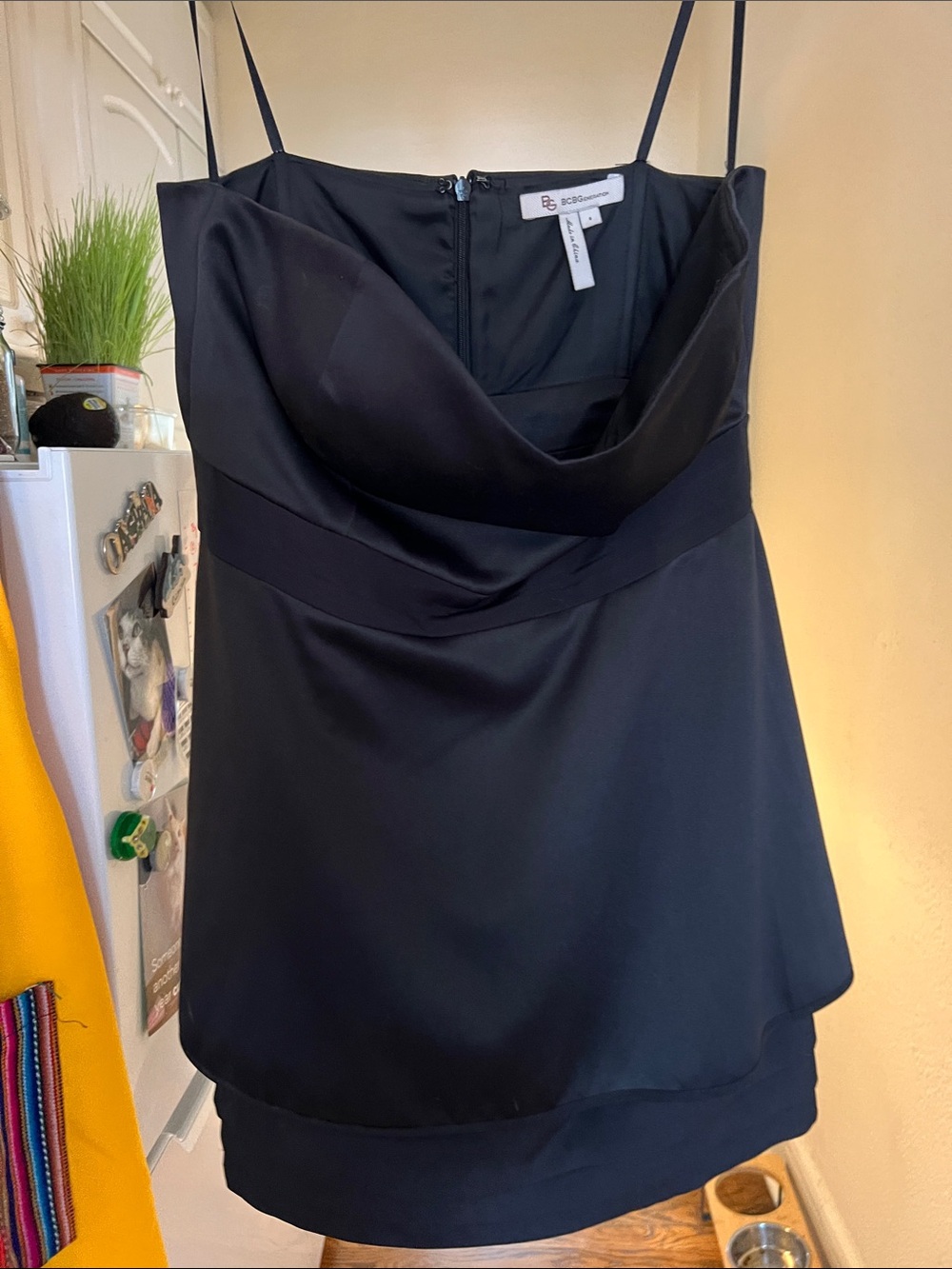 BCBGMaxAzria Black Satin Cowl-Neck Spaghetti Strap Mini Dress